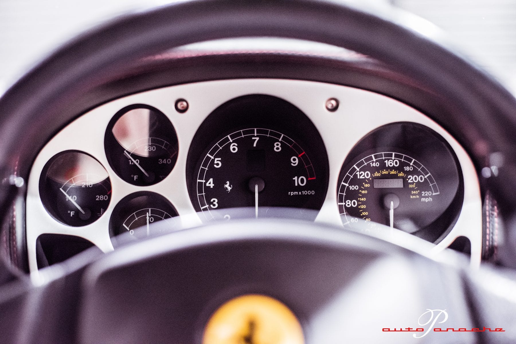 Ferrari dashboard gauges through the steering wheel