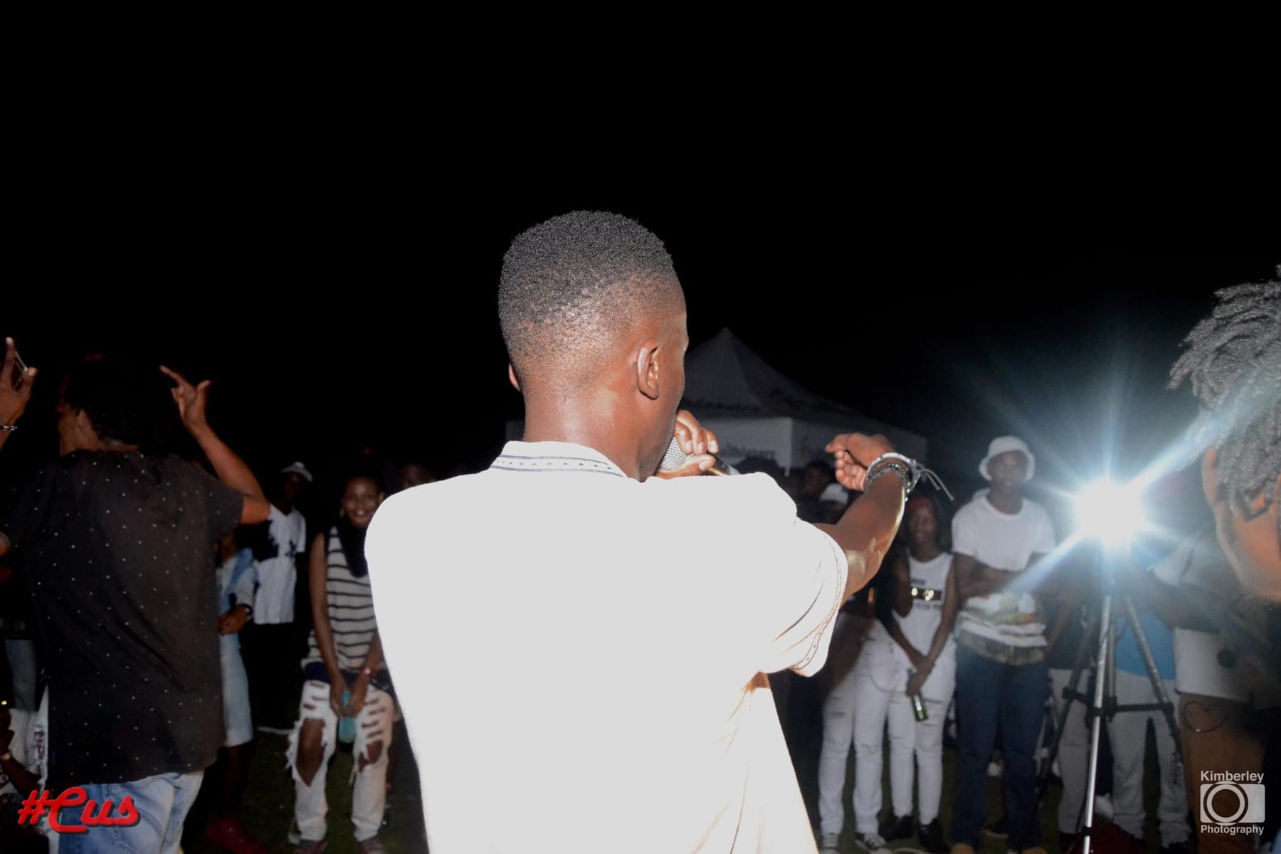 Performer in white from behind, the crowd lit by one flash